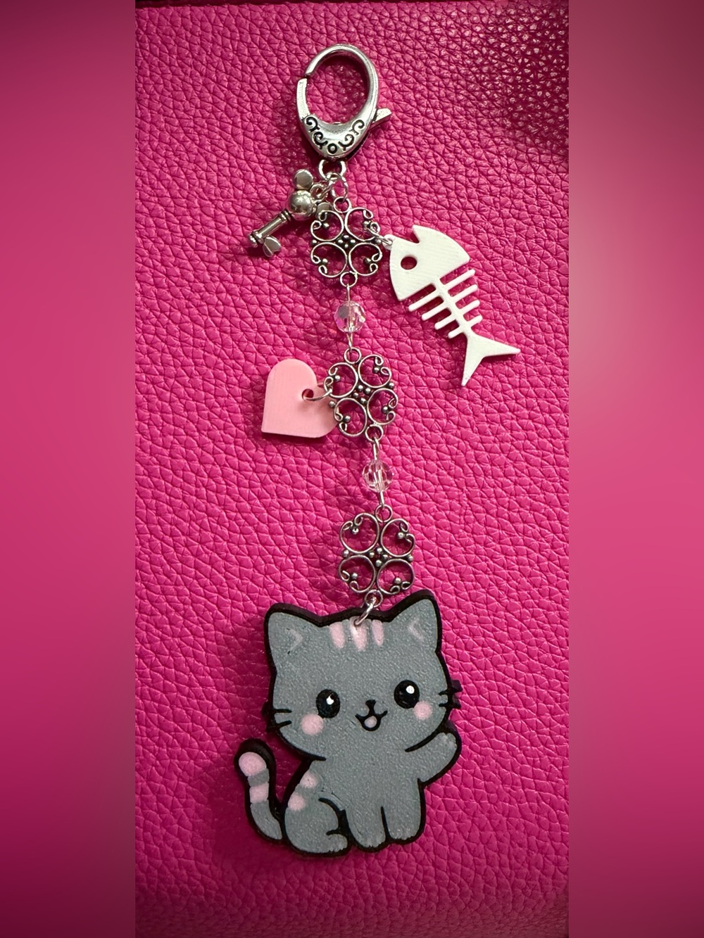 Hand Crafted Pink & Gray Cute Cat Bag Charm with Heart & Fishbone